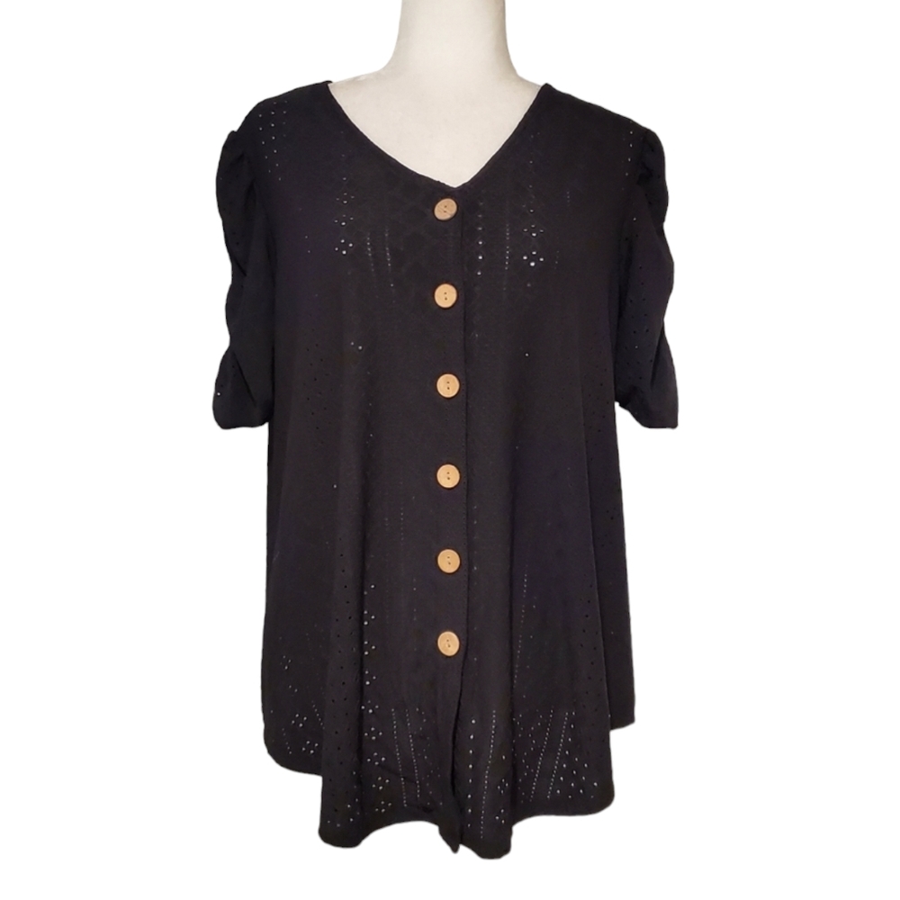 APT.9 Black Button Shirt Womens PXL Ruched Short Sleeve Eyelet Perforated Top